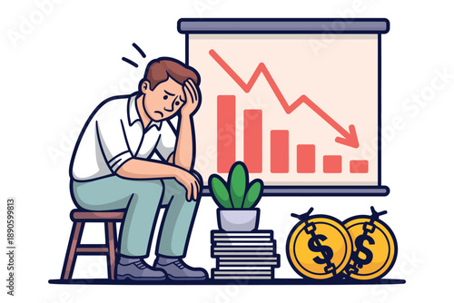 A stressed businessman sits in front of a downward trending graph, looking worried about financial loss and debt.