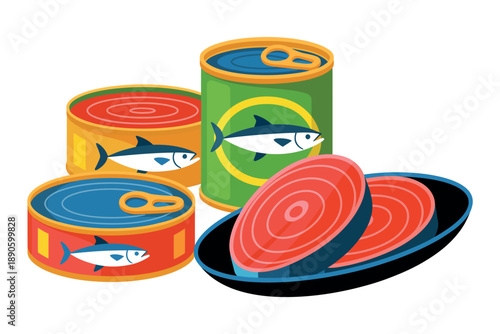 A colorful illustration of canned fish and sliced tuna on a plate