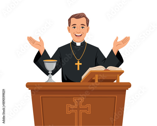 A smiling priest standing behind a wooden pulpit with a cross, gesturing while holding a holy communion chalice and reading from a book.