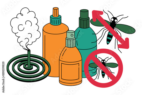 An illustration of mosquito repellent products and coils with a mosquito prohibition sign