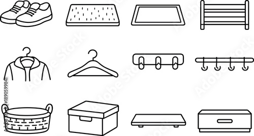 Image Generation. Line style of quick home cleanup icons: shoes, mat, doormat, rack; coat, hanger, hook, rail; basket, box, shelf,
