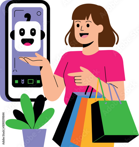 A woman holding shopping bags and interacting with a cartoon character on her smartphone