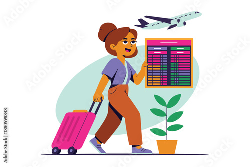 A cartoon woman with a suitcase and a flight schedule board in the background