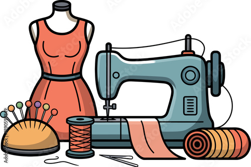 A cartoon illustration of a sewing machine and dressmaking tools on a table