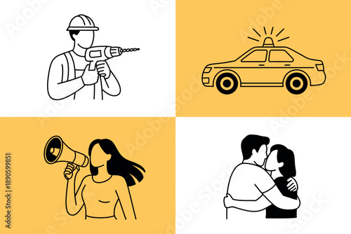 A collage of four minimalist illustrations depicting various everyday scenes and characters.