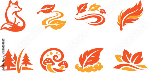 Image Generation. Two-Color vector icons of autumn forest harmony connected to the fox-leaf motif: fox outline, leaf path,