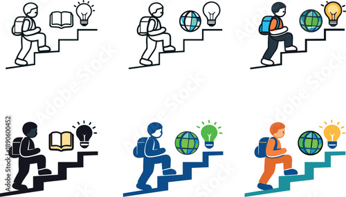 Image Generation. Student development icon portraying a young learner advancing step by step along a learning path with