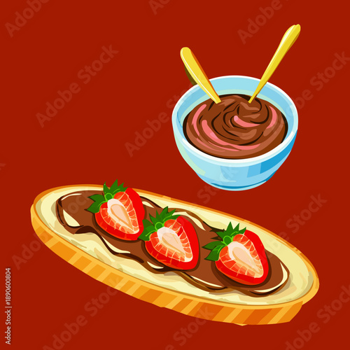 Long baguette slice with strawberry and cream for a sweet and fruity dessert snack - Vector Illustration
