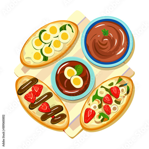 Assorted baguette appetizers with various dips and sauces for a party snack platter - Vector Illustration