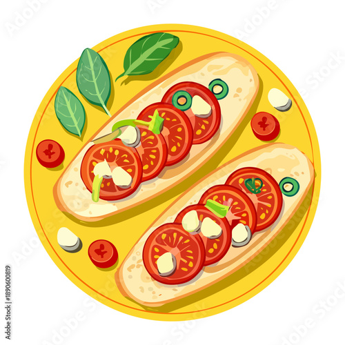 Baguette slices topped with fresh tomatoes and herbs for a classic Italian bruschetta snack - Vector Illustration