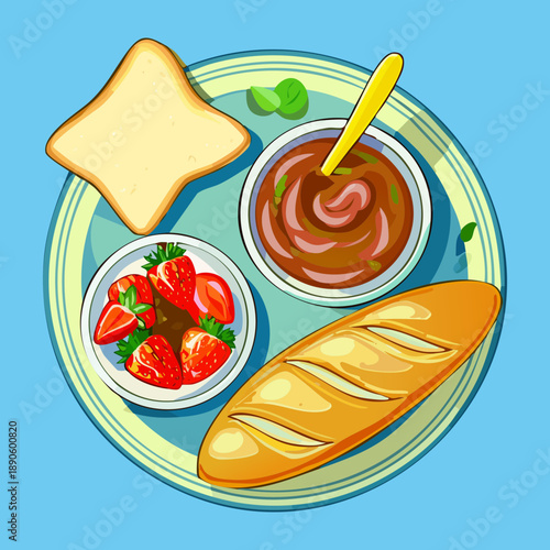 French breakfast with baguette toast strawberry jam and fresh fruit for a sweet start - Vector Illustration