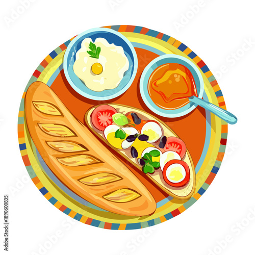 Baguette slices with various toppings and dips for a colorful and diverse snack platter - Vector Illustration
