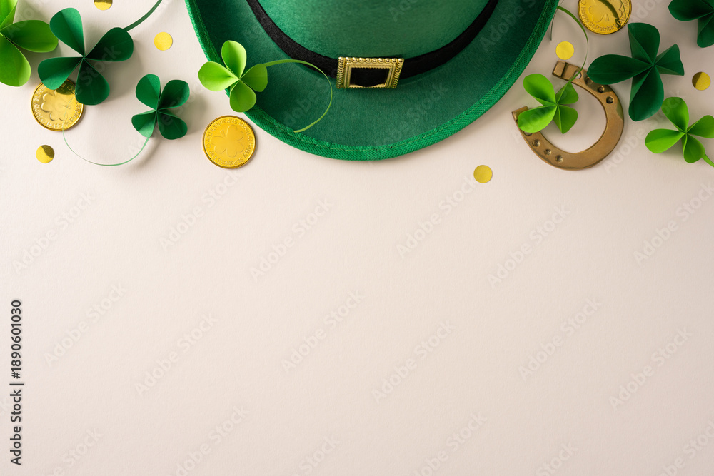 Naklejka premium A festive St Patrick's Day themed scene featuring a green hat, shamrocks, gold coins, a horseshoe and confetti, creating a bright festive mood suitable for greeting cards and promotions