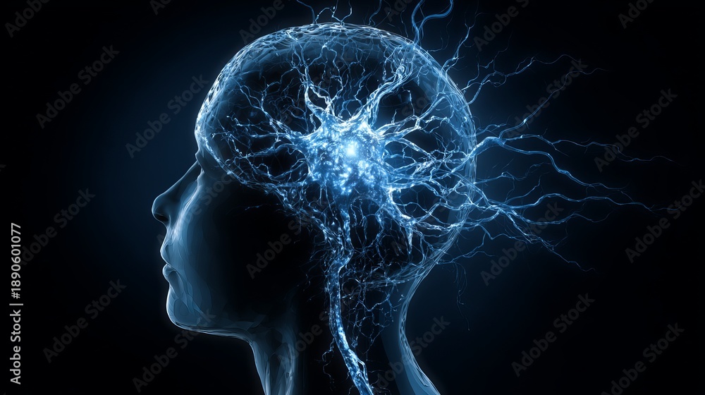 Obraz premium A glowing blue illustration of a human head with a bright light in the brain