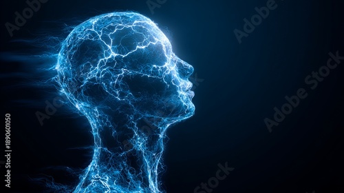 A glowing blue human head with lightning emanating from it in a dark background