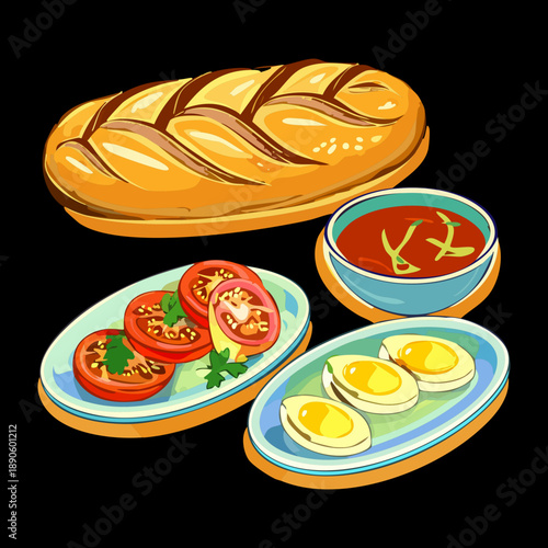 Whole baguette and sliced tomatoes with eggs for a fresh and healthy snack platter - Vector Illustration
