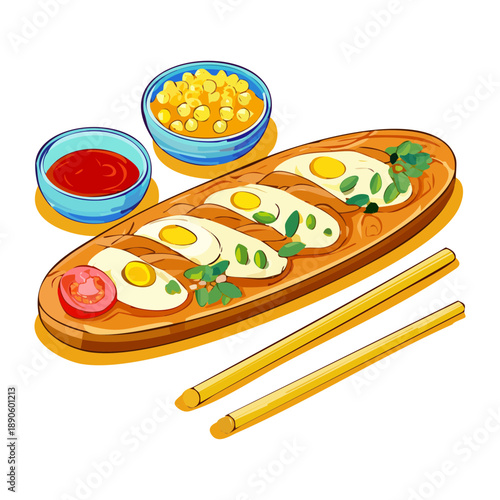 Long baguette sandwich with eggs and sauces served with a side of fresh salad - Vector Illustration