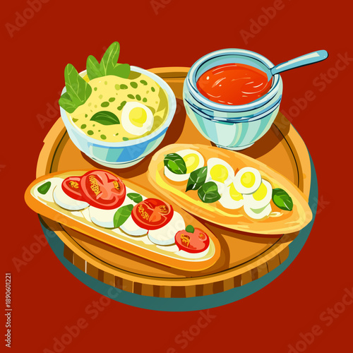 Toasted bread slices with tomato and egg toppings served on a wooden board platter - Vector Illustration