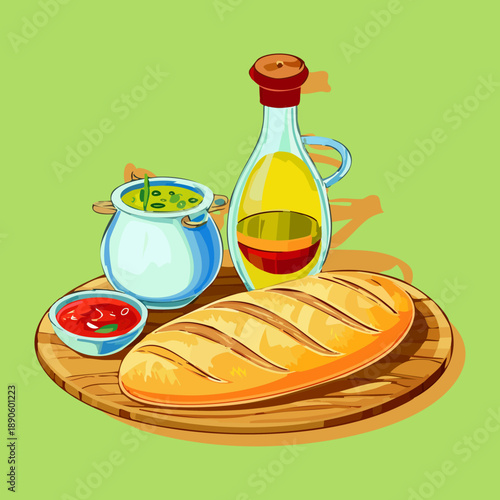 Freshly baked baguette served with oil and vinegar for a simple and tasty snack - Vector Illustration