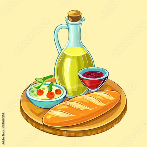 Baguette bread served with olive oil and tomato dip for a classic Mediterranean appetizer - Vector Illustration