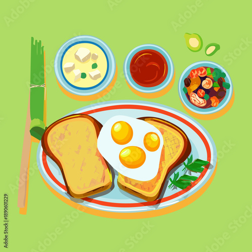 Healthy breakfast with toast fried eggs and various vegetable dips for a balanced meal - Vector Illustration