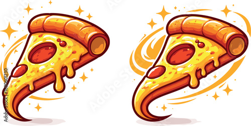Image Generation. Two-Color vector icons of a whimsical slice with a playful missing topping (whimsical shift): glowing cheese,