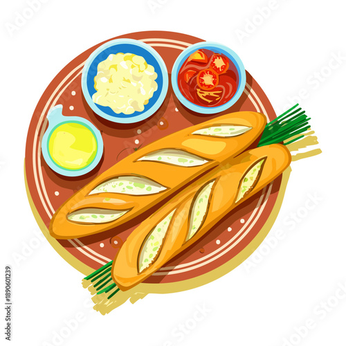 Long baguettes served with cheese dips and tomato sauce for a party snack platter - Vector Illustration