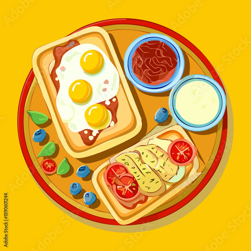 Breakfast platter with toast fried eggs jam and butter for a traditional morning meal - Vector Illustration