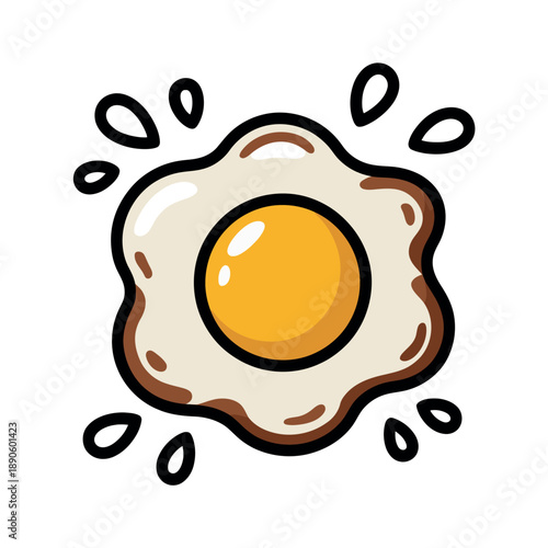 A cartoon illustration of a fried egg with a runny yolk and sizzling hot oil droplets around it