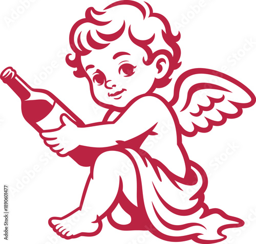 Wallpaper Mural A cute cartoon cherub holding a bottle of wine in a playful pose Torontodigital.ca