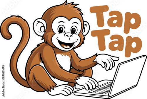 A cartoon monkey happily using a laptop with a tap tap message