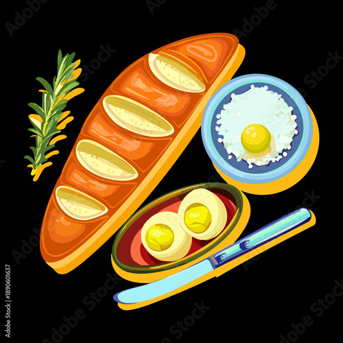 Long baguette served with fried eggs and a bowl of soup for a hearty lunch - Vector Illustration