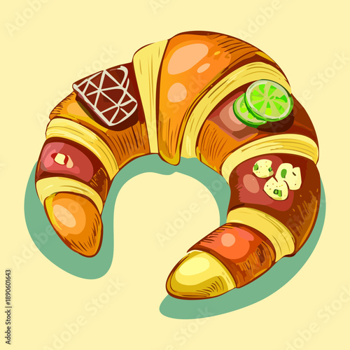 Artistic croissant decorated with chocolate glaze and green nuts for a sweet bakery treat - Vector Illustration