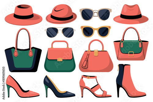 A collection of stylish fashion accessories including hats, sunglasses, handbags, and high-heeled shoes in various colors and designs.