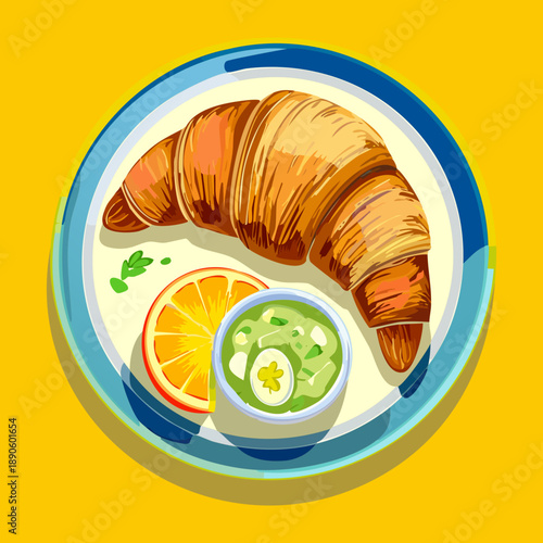 Fresh croissant served with fried egg and green herb sauce for a savory morning breakfast - Vector Illustration