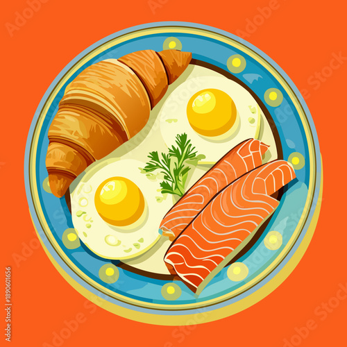 Hearty breakfast platter with croissant fried eggs and smoked salmon slices for high protein meal - Vector Illustration