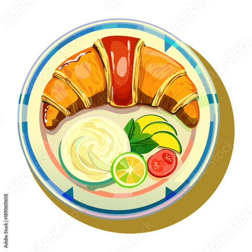 Breakfast plate featuring croissant cream dip and avocado slices for a rich morning meal - Vector Illustration