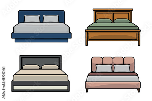 A collection of four different beds with various headboards and color schemes, displayed on a white background