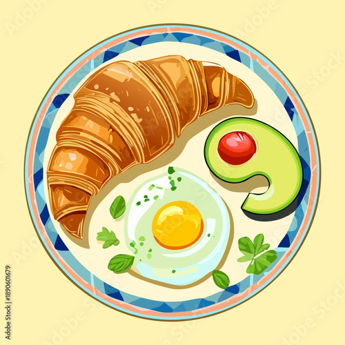 Breakfast platter with croissant fried egg avocado and herbs for a healthy balanced meal option - Vector Illustration