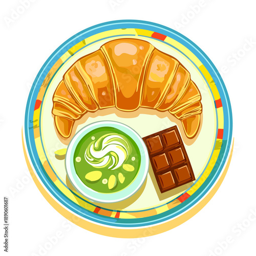 Croissant with green matcha dip and chocolate bar for a modern fusion style sweet snack - Vector Illustration