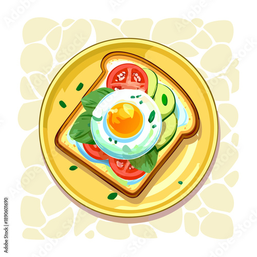 Sunny side up egg on toast with tomato slices and fresh herbs on yellow plate - Vector Illustration