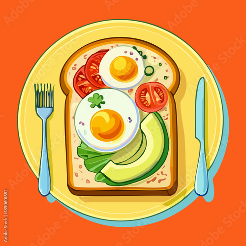 Breakfast plate with fried eggs avocado toast and fresh salad for a nutritious morning start - Vector Illustration