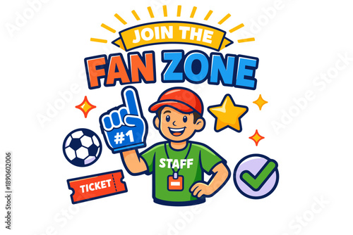 Join the fan zone: enthusiastic cartoon character with sports theme