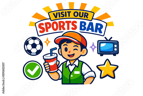 Cartoon male promoting sports bar with drink tv and soccer ball