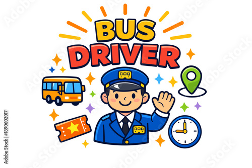 Happy cartoon bus driver illustration with bus, ticket, and map icons