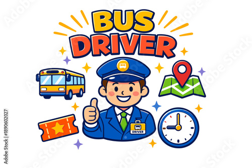 Animated bus driver character with bus, map, ticket, and clock elements