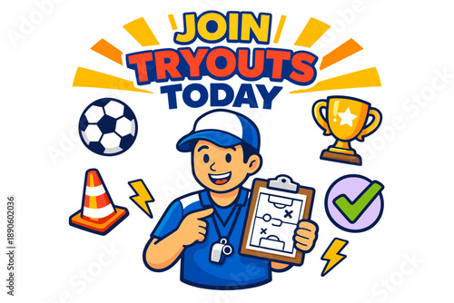 Youth soccer tryouts poster with cartoon coach and sports icons