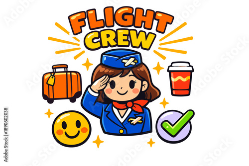 Cartoon female flight attendant saluting with luggage and coffee icon