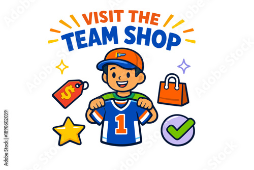 Young caucasian boy promoting team merchandise in sports jersey and cap