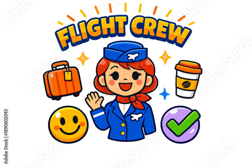 Cartoon female flight crew character illustration with luggage and coffee
